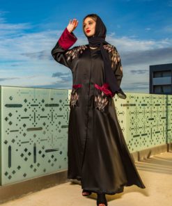 Silk Abaya in Black Color with Oud Colored Sleeve Ends and Pockets, A0116, Size 54